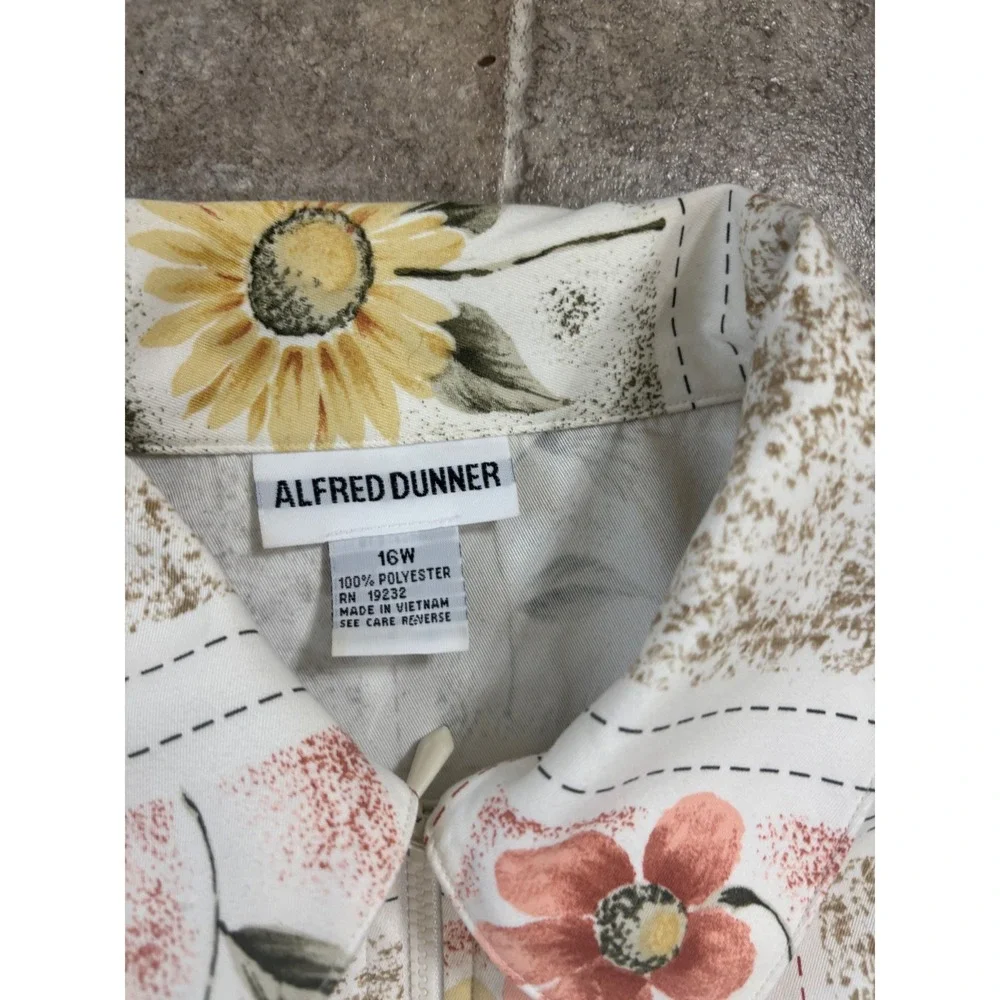 Alfred Dunner Womens 16W Floral‎ Patchwork Zip Up Jacket Beaded Sunflower White